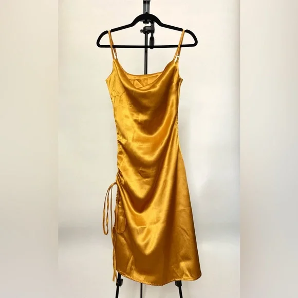 Mustard Midi Spaghetti Strap Bodycon Drawstring Ruched Side Slit Dress| Small - Picture 3 of 11